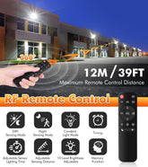 RF remote control with maximum remote control distance and features displayed against a building background.